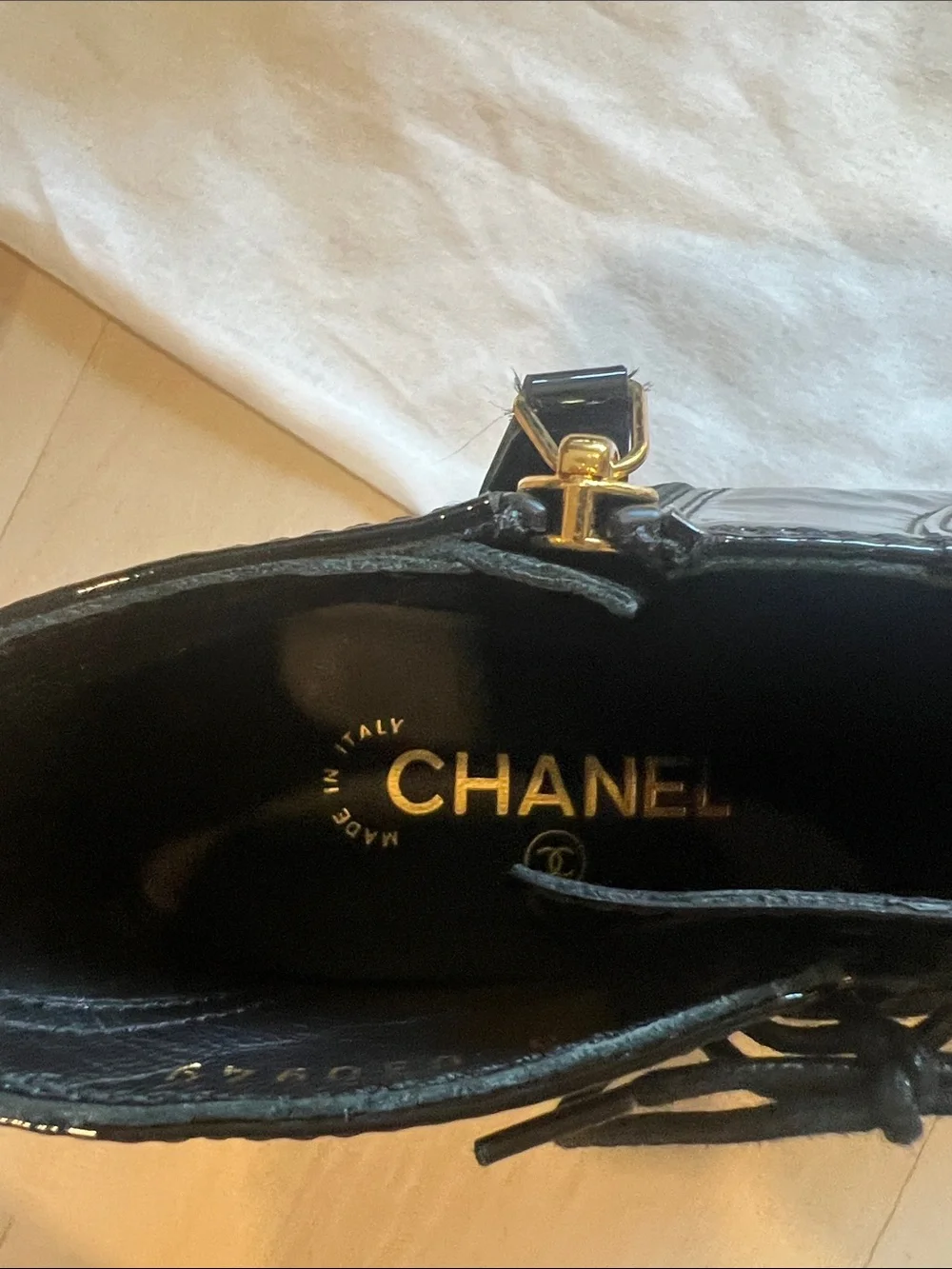 CHANEL Black Patent Lace-Up Ankle Boots with Gold Zipper Hardware